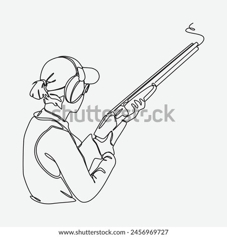 Continuous one line drawing of female athlete in shotgun shooting sport. rear view of a woman wearing earmuffs, a hat and holding a weapon. editable stroke. vector illustration.