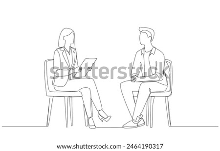 Continuous one line drawing of female account executive meeting client to get feedback, customer relationship concept, single line art.