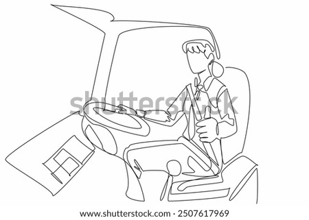 Continuous one line drawing female bus driver giving thumbs up gesture. Transit at the rest area is over. Time to go again. Transit Driver Appreciation Day. Single line draw design vector illustration
