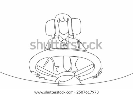 Continuous one line drawing female driver holding the bus steering wheel. Professional in work. Focus on driving. Serious. Transit Driver Appreciation Day. Single line draw design vector illustration
