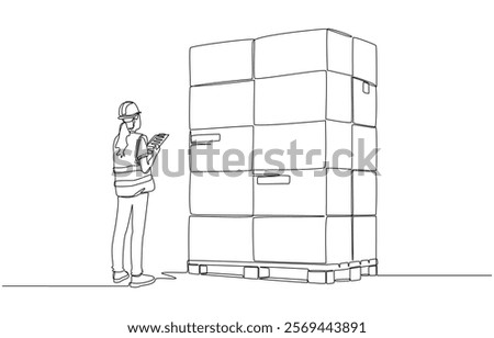 Continuous one line drawing of female warehouse worker checking parcel goods on pallet, warehouse and logistics  concept, single line art