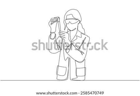 Continuous one line drawing of female scientist holding test tube, scientific experiment, laboratory research concept, single line art