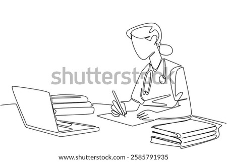 Continuous one line drawing female student nurse wearing stethoscope writing at desk. Final theory test online. Give the best. National Student Nurse Day. Single line draw design vector illustration