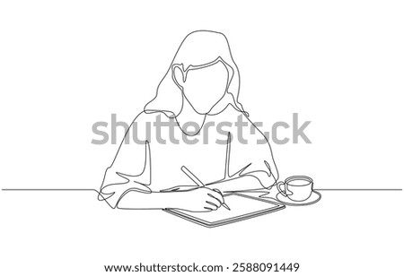 Continuous one line drawing of Female digital artist working with digital tablet at coffee shop, freelance career, working outside home concept, single line art