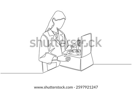 Continuous one line drawing of female scientist working at her lab using centrifuge machine for research, lab researcher concept, single line art