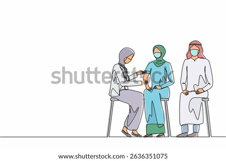 Continuous one line drawing female doctor wearing mask at clinic giving Arabian woman vaccine against coronavirus. Immunity, immunization, covid-19 vaccine. Single line draw design vector illustration