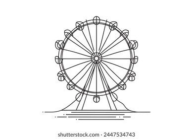 Kontinuierliche eine Linie Zeichnung eines Riesenrades, Kreis dreht sich hoch am Himmel. Ein lustiges Spiel auf einer Festivalmesse. grafische Darstellung einer Vektorgrafik einer Linienzeichnung