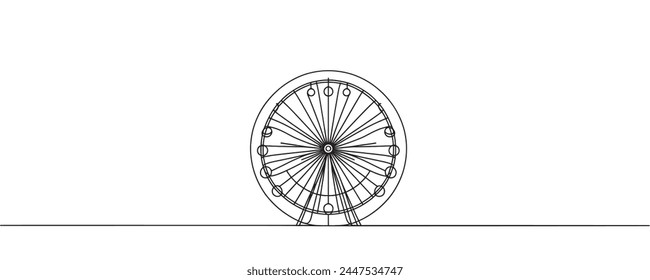 Continuous one line drawing of a Ferris wheel, circle spinning high in the sky. A fun game at a festival-fair. Vector graphic illustration of one line drawing