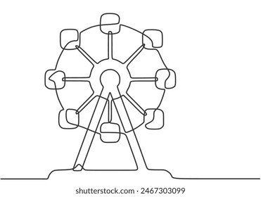 Continuous one line drawing of a ferris wheel in an amusement park, a circular circle turning high in the sky. Fun play at public funfair festival.