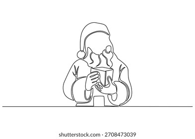 Kontinuierliche einzeilige Zeichnung des Weihnachtsgeschenks vom Weihnachtsmann. Einzeilige Zeichnung Illustration des Weihnachtsmannes mit Geschenk. Frohe Weihnachten 2025 Konzept Vektorkunst. Doodle Linie Illustration.