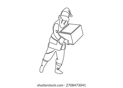Dibujo continuo de una línea de regalo festivo de Navidad de Santa Claus. Ilustración de dibujo de una sola línea de Santa claus con regalo. Arte vectorial de concepto de Navidades felices 2025. Ilustración de línea de Doodle.