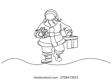 Continuous one line drawing of Festive Christmas gift from Santa Claus. Single line drawing illustration of Santa claus with gift. Merry Christmas 2025 concept vector art. Doodle line illustration.