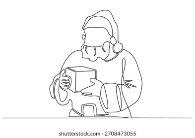 Dibujo continuo de una línea de regalo festivo de Navidad de Santa Claus. Ilustración de dibujo de una sola línea de Santa claus con regalo. Arte vectorial de concepto de Navidades felices 2025. Ilustración de línea de Doodle.