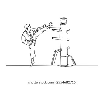 Continuous one line drawing of fighter training Wing Chun-martial art with wooden dummy. Yong Chun -asian martial art sport illustration. Editable vector. 