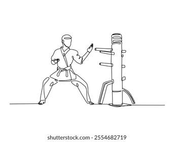 Continuous one line drawing of fighter training Wing Chun-martial art with wooden dummy. Yong Chun -asian martial art sport illustration. Editable vector. 