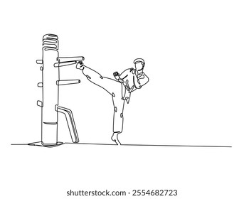 Continuous one line drawing of fighter training Wing Chun-martial art with wooden dummy. Yong Chun -asian martial art sport illustration. Editable vector. 