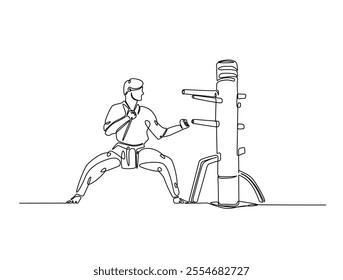 Continuous one line drawing of fighter training Wing Chun-martial art with wooden dummy. Yong Chun -asian martial art sport illustration. Editable vector. 