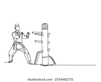 Continuous one line drawing of fighter training Wing Chun-martial art with wooden dummy. Yong Chun -asian martial art sport illustration. Editable vector. 