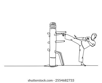 Continuous one line drawing of fighter training Wing Chun-martial art with wooden dummy. Yong Chun -asian martial art sport illustration. Editable vector. 