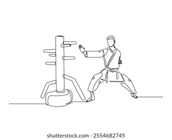 Continuous one line drawing of fighter training Wing Chun-martial art with wooden dummy. Yong Chun -asian martial art sport illustration. Editable vector. 