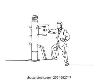 Continuous one line drawing of fighter training Wing Chun-martial art with wooden dummy. Yong Chun -asian martial art sport illustration. Editable vector. 