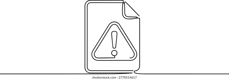 Continuous one line drawing of a file error icon with exclamation mark, depicting a corrupt or problematic file, line art style vector illustration.