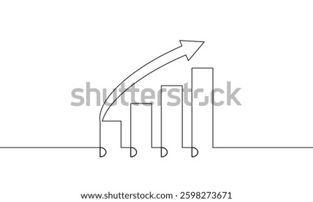 Continuous one line drawing of financial growth graph. flat design icon of increasing arrow up. Business succes. Single line art of bar chart