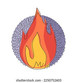 Continuous one line drawing fire, flame. Red flame in abstract style. Flat fire. Modern art isolated graphic. Fire sign. Swirl curl circle background style. Single line draw design vector graphic