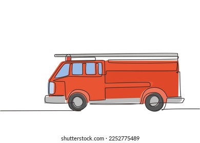 Continuous one line drawing fire engine icon logo. Firefighter truck automobile side view. Auto in flat design. Children's toy fire truck concept. Single line draw design vector graphic illustration