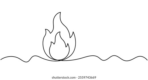 Continuous one line drawing fire art Vector illustration of white background, Continuous Line Drawing of Campfire Icon. Hand Drawn Symbol Vector Illustration, Bonfire in one continuous line art drawn.