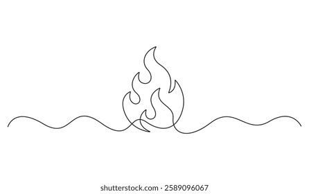 Continuous one line drawing of fire. Fire flame icon. Single line drawing of campfire icon. Isolated on white background vector illustration