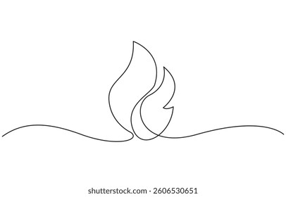 Continuous one line drawing of fire flames design. Fire in single line draw illustration, Minimalist continuous one line drawing of a flame icon for heat, Fire, and energy concept design.
