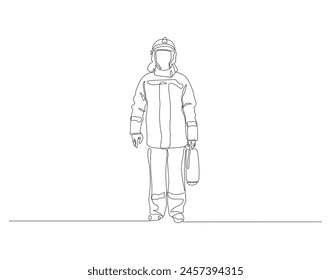 Continuous one line drawing of the firefighter in protective uniform. One line drawing illustration concept for international firefighter day. Firefighter concept continuous line. Editable outline