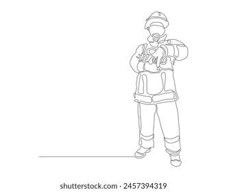 Continuous one line drawing of the firefighter in protective uniform. One line drawing illustration concept for international firefighter day. Firefighter concept continuous line. Editable outline