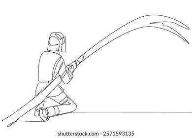 Continuous one line drawing firefighter squats while holding a fire hose that sprays water. Pouring water on the hot part. International Firefighters Day. Single line draw design vector illustration