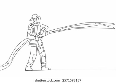 Continuous one line drawing firefighter standing holding a fire hose that sprays water. Focus on work. Prevent the spread. International Firefighters Day. Single line draw design vector illustration