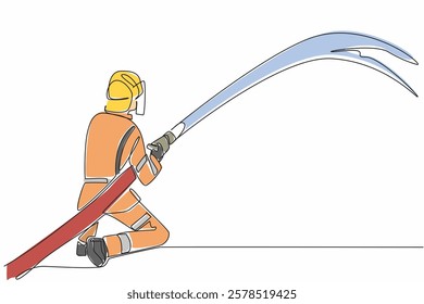 Continuous one line drawing firefighter squats while holding a fire hose that sprays water. Pouring water on the hot part. International Firefighters Day. Single line draw design vector illustration