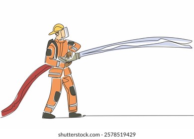 Continuous one line drawing firefighter standing holding a fire hose that sprays water. Focus on work. Prevent the spread. International Firefighters Day. Single line draw design vector illustration