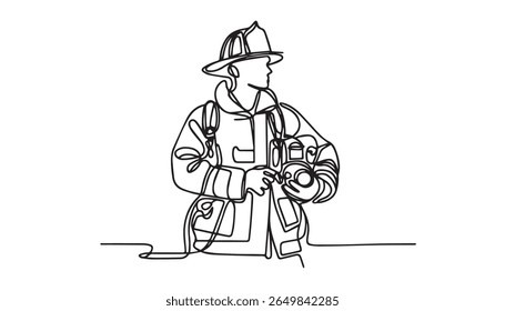 Desenho contínuo de uma linha de uniforme de proteção de bombeiro. Ilustração de desenho de linha única de Fireman em pé. Dia Internacional do bombeiro conceito vetor arte. ilustração linha Doodle.