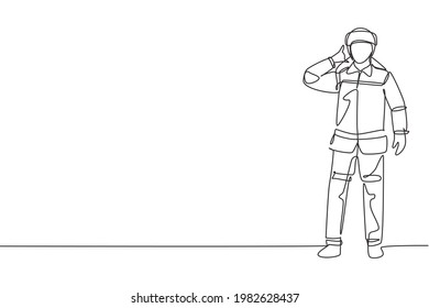Continuous one line drawing firefighters stood with call me gesture, wearing helmets and complete uniforms work to extinguish fire at building. Single line draw design vector graphic illustration