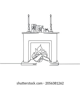 Continuous One Line Drawing Of Fireplace Christmas Decoration In Silhouette On A White Background. Linear Stylized.