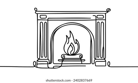 Dibujo continuo de una línea de la chimenea de la decoración navideña en silueta sobre un fondo blanco. Linear estilizado.