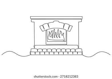 Continuous one line drawing of Fireplace for house heater. Single line drawing illustration of Heater for house. Cozy Fireplaces and Chimney Heating concept vector art. Doodle line illustration.