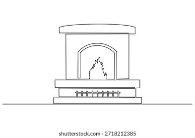 Continuous one line drawing of Fireplace for house heater. Single line drawing illustration of Heater for house. Cozy Fireplaces and Chimney Heating concept vector art. Doodle line illustration.