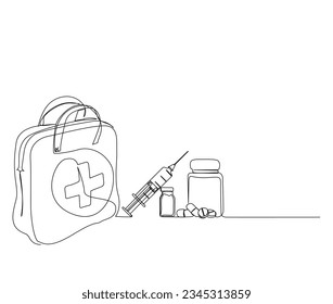 Continuous one line drawing of first aid kit bag with vaccine and Injection Syringe. simple first aid bag with pills, capsule and drugs line art vector illustration. Editable stroke.