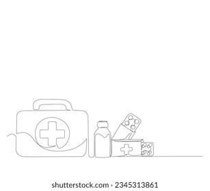 Continuous one line drawing of first aid kit box. simple medical box and medicine line art vector illustration. Editable stroke.