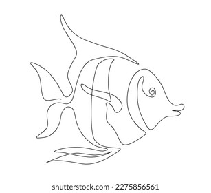 Continuous one line drawing of fish. Simple butterflyfish outline vector illustration. 