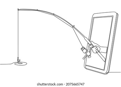 Durchgehend eine Linie ziehende Fischer Hand hält Angelstab durch Handy. Smartphone mit App-Angelspielen. Mobile Sport-Stream-Meisterschaft. Vektorgrafik-Design für einzelne Linien