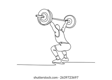 Continuous one line drawing fit male athlete in overhead squat position after snatching up barbell. Training for workout, endurance and challenge. Single line draw design vector graphic illustration