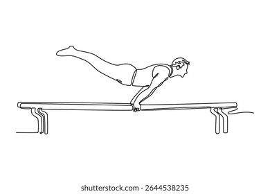 Um desenho contínuo de uma linha cabem ginasta masculino realizando handstand em barras paralelas no ginásio profissional. Fazendo exercício de estabilidade central de calistenics. Ilustração gráfica vetorial de design de desenho de linha única